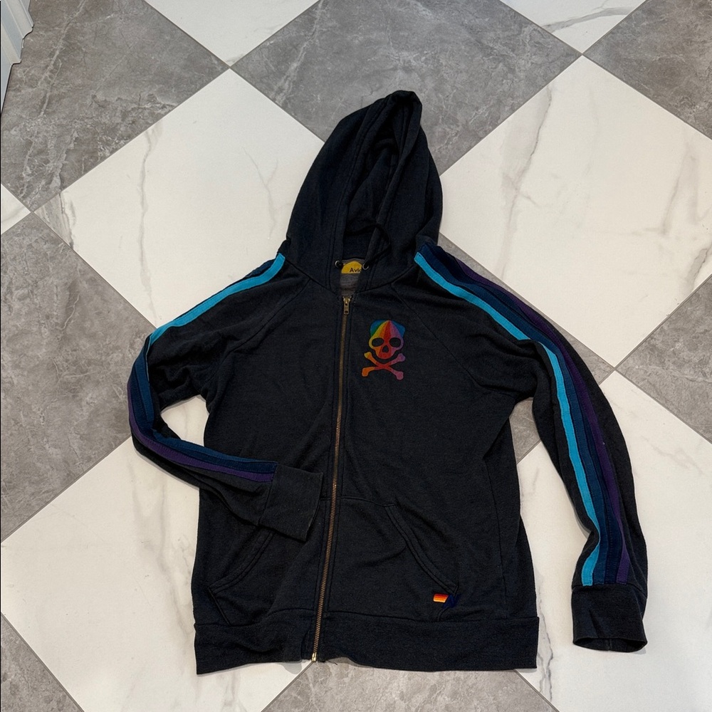 Aviator Nation Black Zip Hoodie with Rainbow Skull & Blue Purple Stripe Sleeves